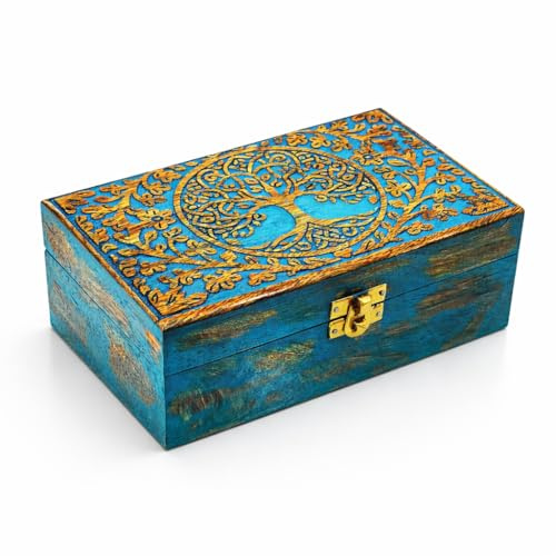 DOLLOND & CO. Handmade Wooden Tree of Life Box, Brass Inlay Jewellery & Keepsake Organizer, Brown Vintage Box Crystals & Gifts, Wood Storage Box (Customisation, Big Tree of Life Blue Box)