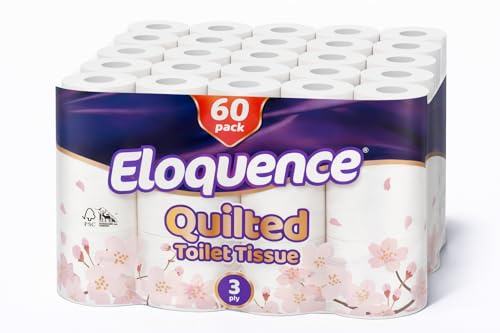Eloquence Super Soft Luxury Quilted Toilet Tissue, 3-Ply Toilet Rolls (Pack of 60) – 12 x 5 Multipack Bundle, Soft & Gentle on Skin, FSC Certified, Sustainable & UK Manufactured