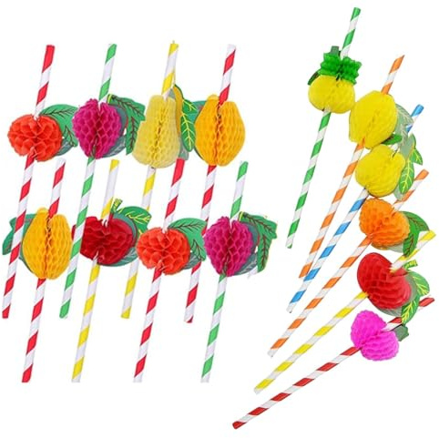 30STK Cocktail Strohhalme, 3D Frucht Papierstrohhalme mit Apfel Ananas Erdbeere Motiv, Biologisch Abbaubare Trinkhalme Papier Strohhalme für Cocktails & Sommerpartys (19.7cm)