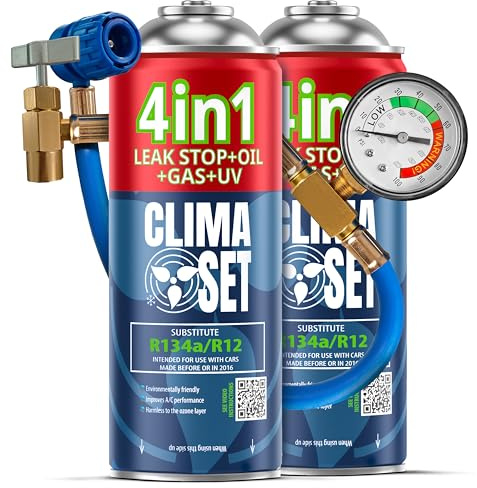 CLIMASET - 2 x 4in1 R134a Kältemittel, Öl, Dichtmittel mit UV Farbstoff + Schlauch - Auto Klima Selbst Befüllen Set und Leckortung - Nachfüllset, Autoklima Nachfüllen