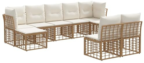 vidaXL Outdoor-Sofagarnitur Natürlich und Cremweiß Polyester, Gartenmöbel, wetterfeste Sofaset, modulares Design, verstellbare Füße, Rattan-Patio-Garnitur