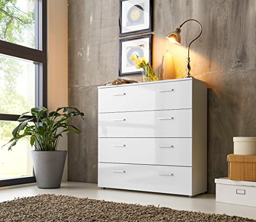 Schubladen Kommode Sideboard Kommode Anrichte Mehrzweckschrank Highboard Schrank Malaga 3 mit 4 Schubkästen in Hochglanz weiß