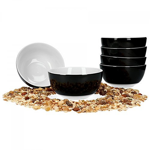 van Well Vario Müslischalen-Set 6-teilig - Schalen-Service für 6 Personen - tiefe Suppen-Schüssel 14cm - Porzellan-Set innen weiß & außen Schwarz - Salat-Schüssel mikrowellengeeignet