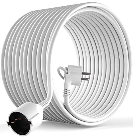 MutecPower 20m Cavo di Prolunga Schuko con spina piatta 90° angolata con Contatto di protezione Prolunga elettrica con contatti di terra fino a 250V 16A IP20 da 20 metri Bianco