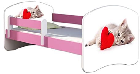 ACMA Kinderbett 70 x 140 cm mit Matratze & Lattenrost – Jugendbett mit Rausfallschutz, personalisiertes Motiv 40 Katze mit Herz - Rosa, Mädchenbett ab 3 Jahren, belastbar bis 120 kg