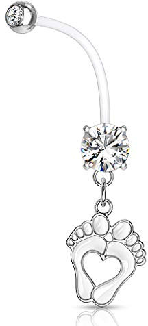 Autiga® Schwangerschaftspiercing Bio Flex Flexibler Kunststoff kürzbar Baby Füße Füßchen Herz Zirkonia Kristall Bauchnabel-Piercing klar