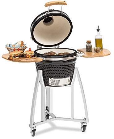KLARSTEIN Queen Kamado Grill - For Grilling, Slow Cooking, Smoking or Baking, Removable Side Panels, Materials: Ceramic, Stainless Steel, Bamboo, Thermometer from 0-450 ° C, 3 Rollers, Black