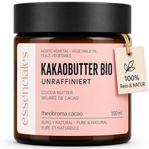 Kakaobutter Bio Nativ Kaltgepresst Theobroma Cacao Butter Natürlich Reine Pflege Haut Haar Körper Lippen Kosmetik Naturprodukt Feuchtigkeit Vegan Fest Creme Anwendung DIY Rohstoff Qualität 100ml