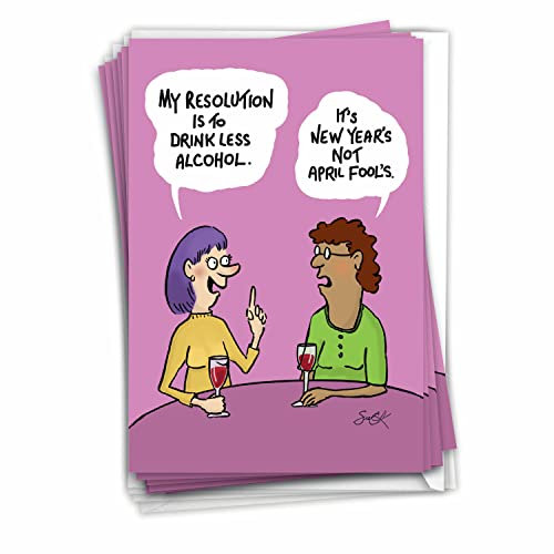 NobleWorks - Box mit 12 Happy New Year Karten mit Umschlägen (4,63 x 6,75 Zoll) - Lustiger Cartoon, Neujahrsfeier - Briefpapier Notizkarten Set für Neujahr - Falscher Urlaub C3408NYG-B12x1