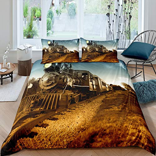 Loussiesd 3D Zug Druck Bettwäsche Set Eisenbahn Industriewind Bettbezug Set Kinder Jungen Mädchen 135x200 cm Microfaser Betten Set mit Reißverschluss und 1 Kissenbezug 80x80 cm