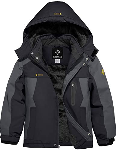 GEMYSE Veste de Ski Enfant Garçon Blouson Hiver Chaud Imperméable Coupe-Vent avec Capuche et Polaire Intérieure(Noir et Gris Fer,152-158)