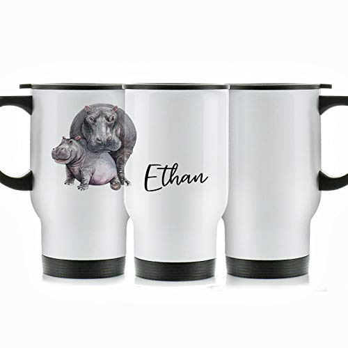 Hairyworm Personalised Travel Mug, 400ml White Stainless Steel Travel Mug with Handle, Customised with Initial/Name, Hippo Cuddle Design Print