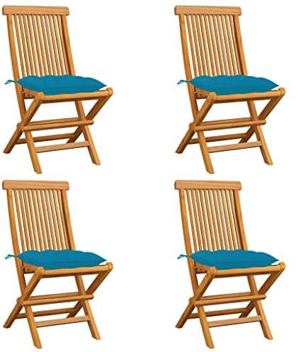 vidaXL 4X Teak Massiv Gartenstuhl mit Hellblauen Kissen Klappstuhl Holzstuhl Stuhl Gartenmöbel Stühle Balkonstuhl Terrassenstuhl Essstuhl