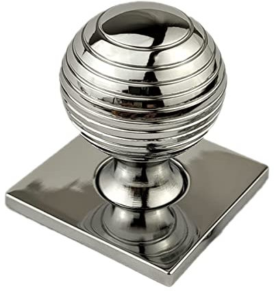 French Furniture Fittings Set of 6 Queen Anne Reeded Beehive Knob with Square Backplate Polished Chrome Cabinet, Kitchen Cupboard Door, Drawer, Knobs 31mm, Backplate 37mm