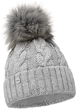 ELIMELI® Winter Mütze Damenmütze mit Fell-Bommel Fleece Innenfutter gefüttert - warme Damen Bommelmütze Strickmütze - Wintermütze mit Kunstfell Bommel - Slouch Strick Beanie Made in EU (grau)