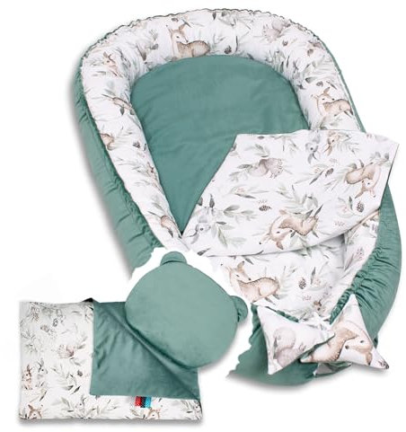 PaLulli 4-TLG Premium Velvet Baby Ausstattung-Set Kuschelnest Babynest 100x55cm herausnehmbarer Baby-Matratze, Kuscheldecke Flachkissen Babybett 100% Baumwolle Hypoallergisch (Deer)