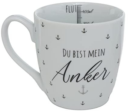 ReWu Jumbo Kaffeetassen Kaffeebecher Maritim aus Porzellan mit Henkel Ebbe & Flut mit Anker und Sprüchen 480ml Du bist mein Anker
