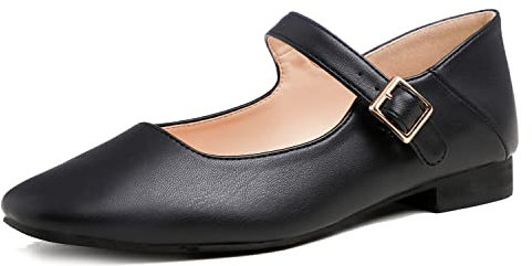Feversole Women's Square Toe Mary Jane Fashion,Punta Quadrata Easy Buckle Tacco Basso Slip On Flats in Pelle Vegana Nera Taglie 38 EU