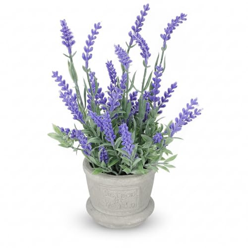 Veemoon 22cm Artificial Lavender Potted Plant Realistic Flocked Purple Flowers in Rustic Pot Faux French Greenery for Farmhouse Home Decor Kitchen Bathroom Office Desk