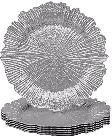 Trimming Shop 33cm Vintage Design Glass Silver Charger Plates for Dinner Table Decorations, Weddings, Parties, Birthdays – Elegant Cracked Design Glass 13 Inch Plates for Stylish Occasions, Pack of 12
