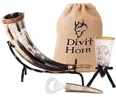 Divit Echtes Wikinger-Trinkhorn, Hornschuss, Flaschenöffner (3 Pc. Set) | Authentisches mittelalterliches Biertrinkhorn | Leinen-Geschenkbeutel inclusive. (16 oz, Dragon, Polished)