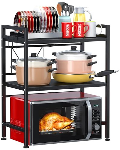 PUSDON 3-Tier Expandable Microwave Oven Rack, Countertop Baker's Rack Style Shelf, Heavy Duty Adjustable Standing Shelf with Hooks, 160lbs Capacity Kitchen Space Saver, Matte Black