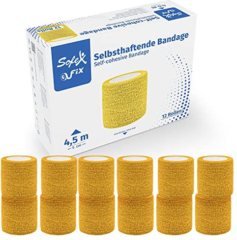 Sofex Fix Selbstklebender Verband Selbsthaftende Bandage Haftbandage Selbstklebend Fixierbinde Klebeverband Mullbinden Klebeverband Tape Verband Haftverband Elastische Binde (5cm, Gelb)