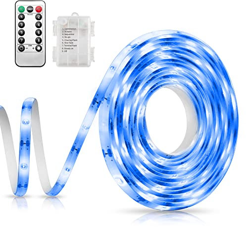 Criacr LED Strip Light, 90 LED Battery Powered LED Strip Lights 3M with Remote Timer, 8 Modes, Self-Adhesive, Dimmable, Waterproof, Cuttable for TV Backlight, Computer, Kitchen, Ceiling Bedroom (Blue)