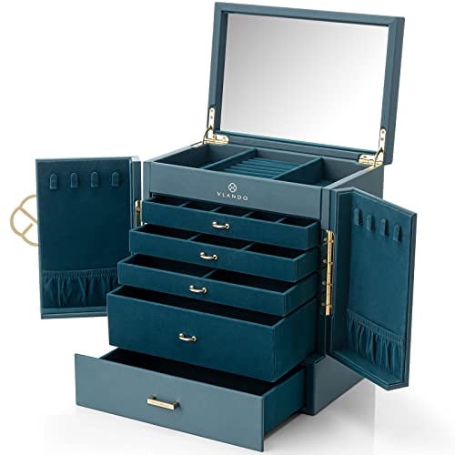 Vlando Große Schmuckschatulle, 6 Etagen, Schmuckkästchen und Organizer, Spiegel-Schmuck-Aufbewahrungsbox mit 5 Schubladen, Kunstleder, Uhren, Ohrringe, Halsketten, Ringe, Armbänder, Geschenke für
