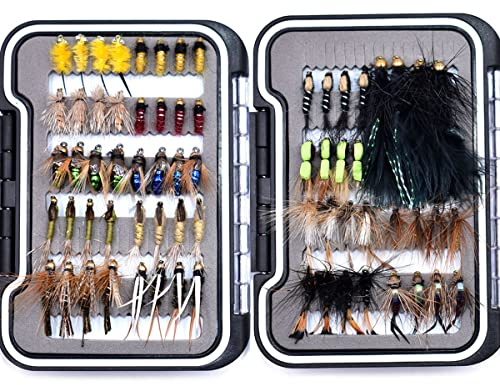 32/40/60/68pcs Fischen Fliegen Set Trockene nasse Fliegen Nymphen, Streamer, Wolle Bugger, Terrestrials, Insekt Lure Se (C-Verschiedene Fliegen in Fly Box-72Pcs)