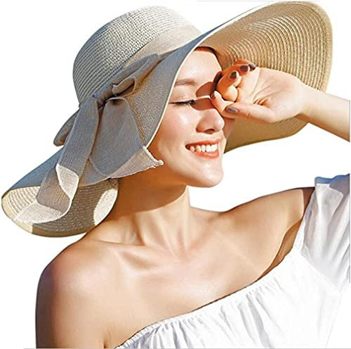 Happyupcity Wowen - Sombrero de paja con lazo grande, plegable, de ala ancha, bloqueador solar, protección UV, para exteriores, para verano, playa