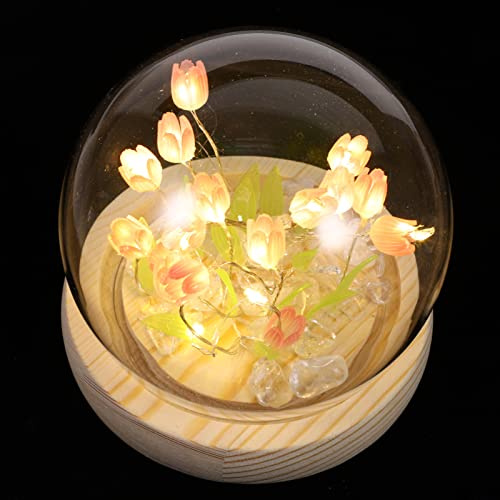 OSALADI 1 Set Künstliche Tulpen Blumen Gefälschter Künstlicher Tulpenstrauß In Kuppelglas Mit Led-Licht Holzsockel Tulpennachtlampe Atmosphäre Nachtschlafzimmerlampe Rosa