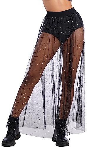 Festival Outfit Damen Rave Techno Sexy 2 in 1 Transparent Mesh Rock Shorts High Waist Maxirock Y2K Glitzer Sterne Pailletten Gothic Tüllrock Teenager Mädchen Party Streetwear Clubwear Schwarz S