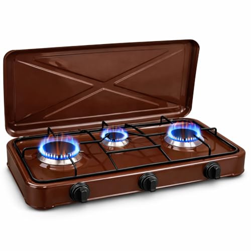 Fornello da Cucina a Gas per Esterno con 3 Fuochi e Pomelli Regolatori di Potenza, Piano Cottura con Fornelli Portatile da Campeggio, Casa, Balcone, Coperchio di Chiusura, Alimentazione GPL (Brown)