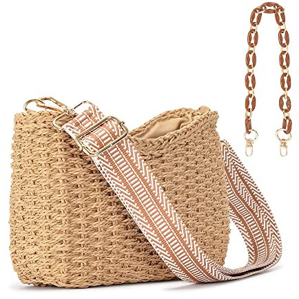 Herald Bolso cruzado de paja pequeño hecho a mano para mujer, bolso de hombro tejido elegante de verano con cadena y correa de guitarra, Café