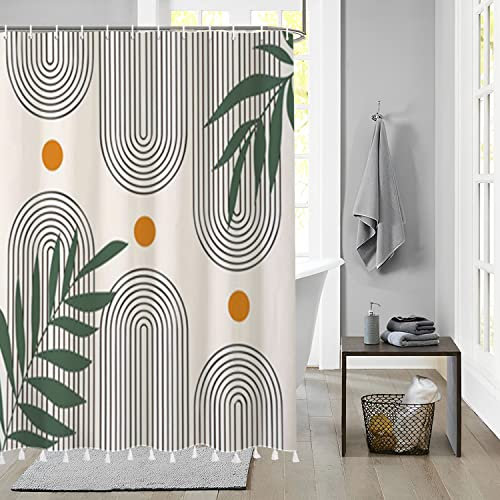 Bovlleetd Abstrakt Mid Century Duschvorhang mit Quaste Bogen Muster Beige Modern Minimalistisch Home Dekoration Waschbar Langlebig Polyester Stoff 180x200cm