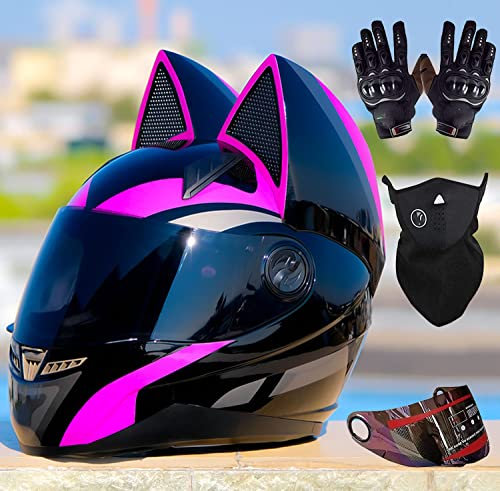 Cooler Katzenohr-Motorradhelm, Motorradhelm mit Katzenohren-Dekoration, ECE-Zugelassene Motorrad-Doppelsonnenblendenhelme, Motocross-Helme mit Handschuhe & Maske