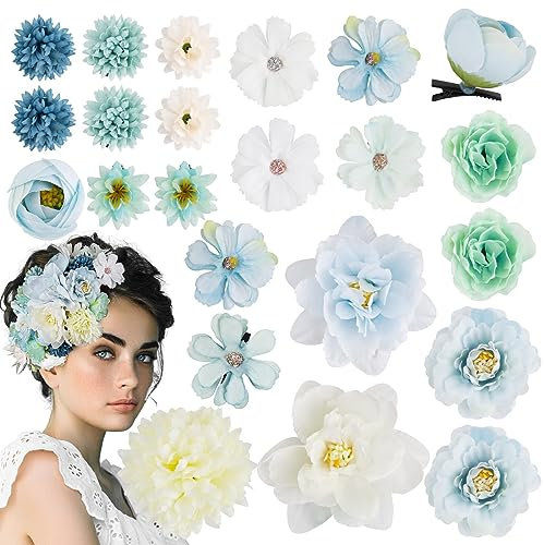 23PCS Barrette Fleur Artificielle Pince à Cheveux Bohême Hair Clips Multicolore Epingle à Cheveux pour Femmes Filles Hawaii Décoration pour Coiffure de Carnaval Danseuse Piscine Plage Mariage,Bleu
