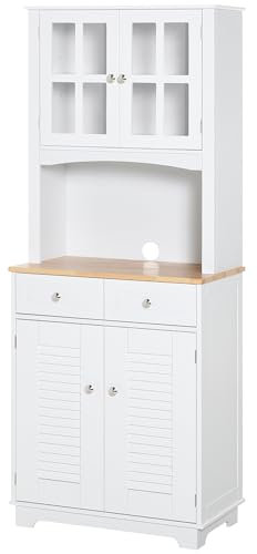 HOMCOM Kitchen Cupboard, Free Standing Kitchen Unit, Tall Storage Cabinet with Louvered Doors, Glass Doors and 2 Drawers, White