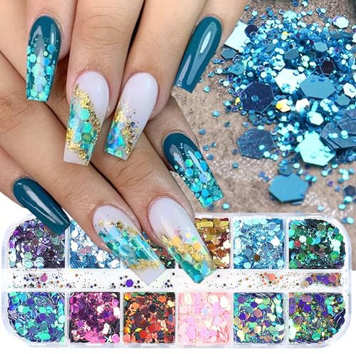 GZSYY Nail Art Pailletten Splarkly laser nagel pailletten 12 Farben Glitzerpuder für Nägel Glitzer Nageldesign