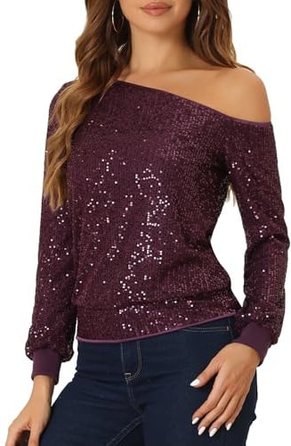 Allegra K Damen Paillettenbluse Schulterfrei Langarm Party | Sexy Disco Stil Passt für Frühling Herbst Winter Ideal für Halloween Cocktailpartys und Ausgehen