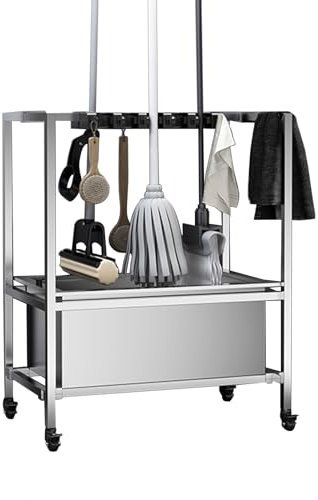 TRGCJGH Carro de Limpieza con Soporte Para Escobas Y Trapeadores,Carritos de Conserjero de acero inoxidable Sobre Ruedas (93cm/36.6in,20 Slots and 24 Hooks)