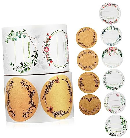 Lurrose Kraftpapieraufkleber 2 Rollen mit Pflanzengirlanden Motiv Selbstklebende Marmeladenetiketten und Aufkleber für Beutel Kuchen und Desserts Geeignet für Hochzeit und Handgemachte
