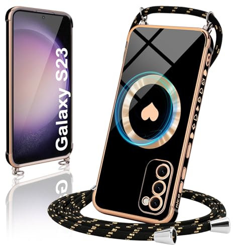 Micoden Coque Magnétique pour Samsung Galaxy S23 5G Coque Silicone Galvanisé Mignon Étui Bumper Case Compatible avec Magsafe avec Cordon/Collier Réglable Tour de Cou Lanière Corde,Noir