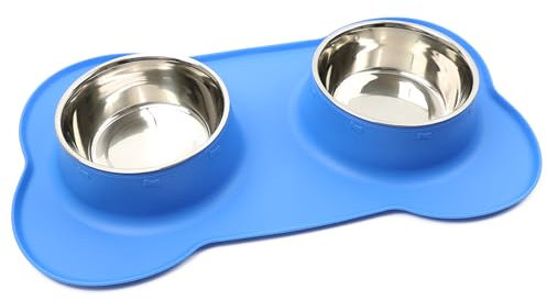 DIVCHI Pets Bowl Food And Drink Double Bowls Set With Silicone Mat Tray For Cats Puppies Small Dogs Feeding (Blue, L)