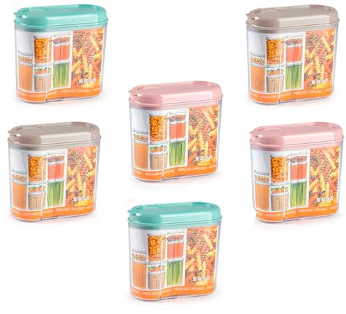 Acan Tradineur - Pack de 6 recipientes de plástico con Tapa Reutilizables, Bote, almacenaje, Pasta, legumbres, Cereales, café, Fabricado en España, 1 litro, 14 x 15,5 x 7,8 cm, Color Pastel Aleatorio