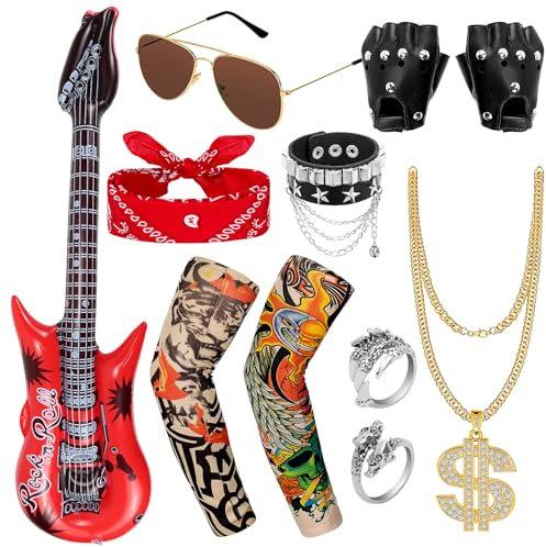 Dreamtop 11Pcs Rockstar Fancy Dress Rockstar Costume Rock Star Accessories Punk Accessories Rocker Costume Set for Women Men Kis 80s Party Carnival