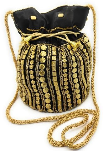 belelle HIndu Bonbontasche für Damen, Party, Handtasche für Damen, goldene Tasche, Umhängetasche, Säckchen, Hochzeitstasche, Potli, schwarz