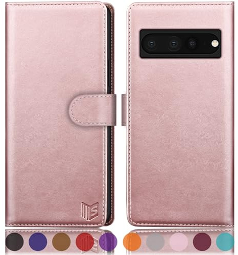 SUANPOT [RFID Schutz für Google Pixel 7 Pro Hülle PU Leder Handy hülle Leather Wallet Phone case für Pixel 7 Pro Handyhülle Lederhülle Klapphülle Kartenfach Flip Cover Rosa