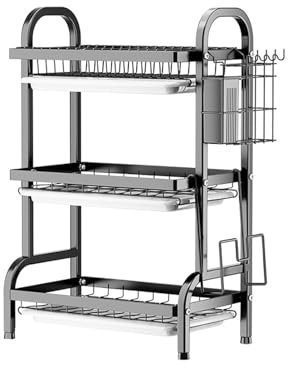 KUK Escurridor de platos de 3 niveles para utensilios de hierro, escurridor de drenaje para la cocina del hogar